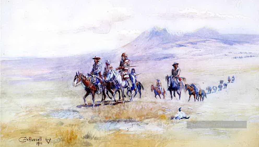 venir à travers la plaine 1901 cowboy de Charles Marion Russell Indiana Peintures à l'huile